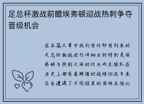 足总杯激战前瞻埃弗顿迎战热刺争夺晋级机会